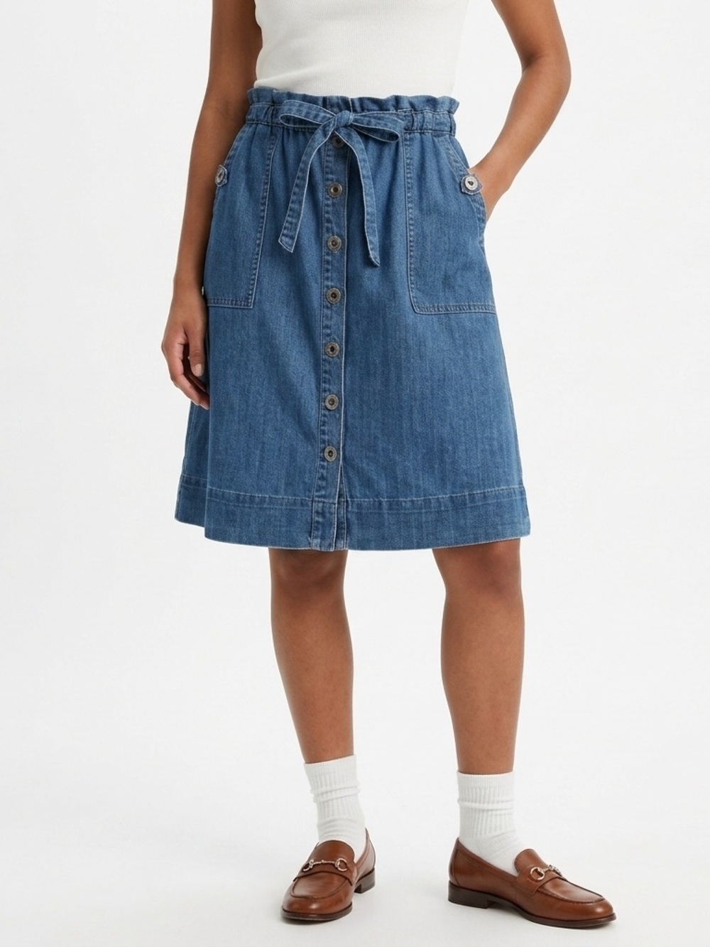 Sundance Midi Skirt Paperbag Waist Button Front Denim Blue L